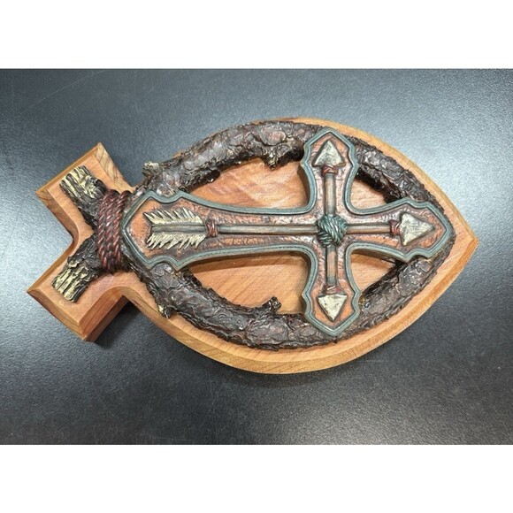 Wood-Resin Cross/ Fish Design  Religious Christian Decor - Picture 1 of 8